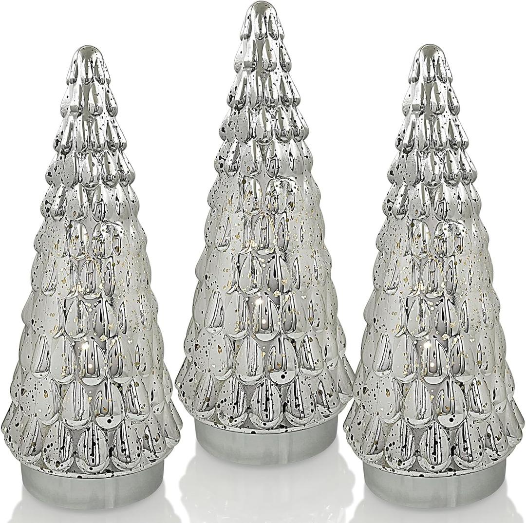 Silver Tabletop Christmas Tree 3pcs, Small Mercury Glass Christmas Trees with Light, Battery Operated Mini Xmas Tree for Fireplace Bathroom Decor 10"