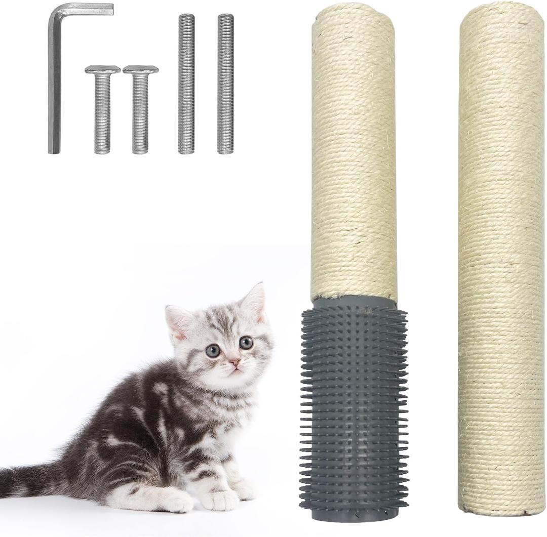 Fhiny 2PCS Cat Scratching Post Replacement, 15.7inch M8 Natural Sisal Cat Scratch Post with Cat Self Groomer Refill Pole Parts Kitten Climbing Furniture Protector Hemp Rope Scratcher for Spare  White, 2 Post/with Self Groomer