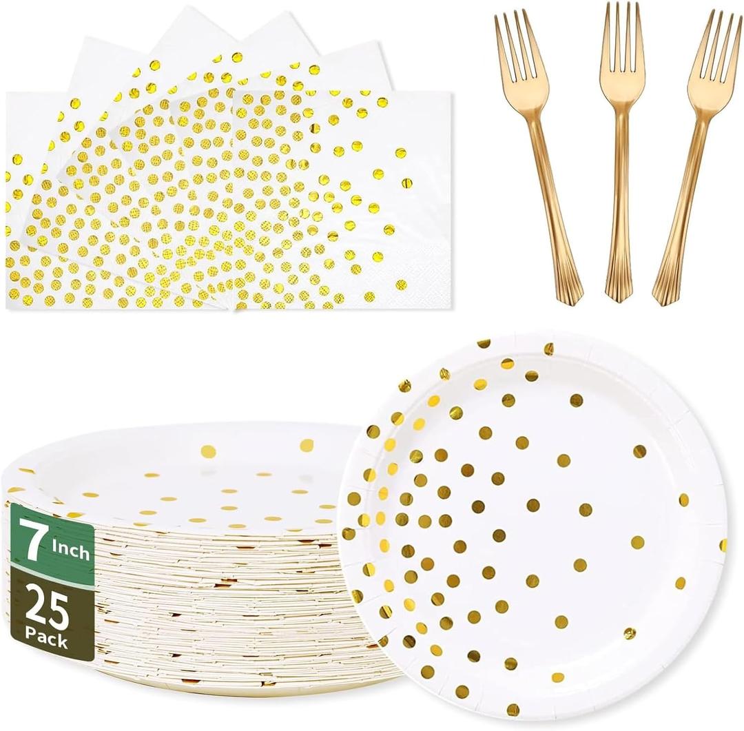White Gold Paper Plates and Napkins Set-25 x 7'' Dessert Plates & 25 x 6.5'' Napkins & 25 x 7.3'' Forks,White Party Supplies for Birthday,Wedding,Baby Showers,Bridal Shower,Anniversary(Serve 25)
