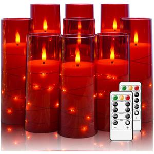 Flickering Flameless LED Candles,Battery Operated Candles 9 Pcs with Embedded Star String,Acrylic LED Pillar Candles with Remote,Suitable for Home Decoration to Create an AtmosphereRed