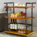 Industrial Pipe Bar Carts/Serving Carts/Kitchen Carts/Wine Rack Carts on Wheels with Shelves - Wood Rolling Carts - Wine Tea Liquor Shelves/Holder - Home Furniture, 27.56 Inch x 15.75 Inch x 33.46 Inch