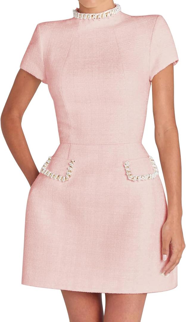 LuFeng Womens Sexy Short Sleeve High Neck Pearls Mini Dress Party Clubwear Club Bodycon Short Dresses (Small, Pink)