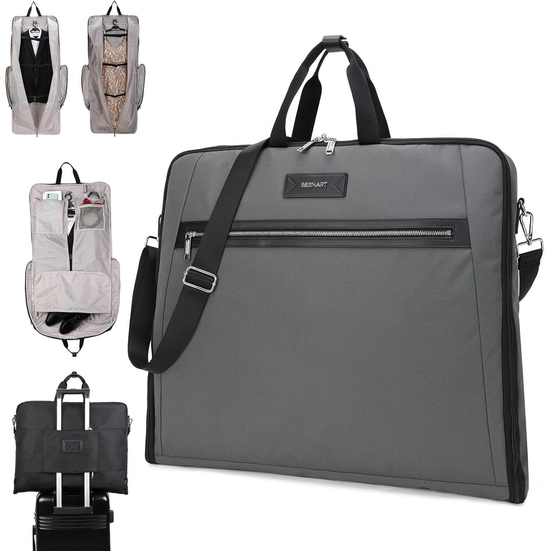 BE SMART Waterproof Foldable Garment Bags for Travel, 51" Large Travel Hanging Bags for Clothes, Carry on Suit Bag with Strap for Men Women, Wrinkle Free Luggage Suit Cover for Business Trips(Grey)