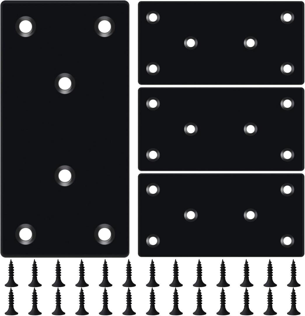 4PCS 3.94 x 1.97 inch Black Flat Mending Plate, Metal Bracket with Holes, Straight Steel Brace Fixing Joining Plate for Wood with 24PCS Screws