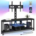 Corner TV Stand with Mount LED - Universal TV Mount Stand for 32-65" TV, Height Adjustable Swivel TV Console Wood & Steel Entertainment Center with Mount, Cabinet, Power Outlet, Colorful Light, Black
