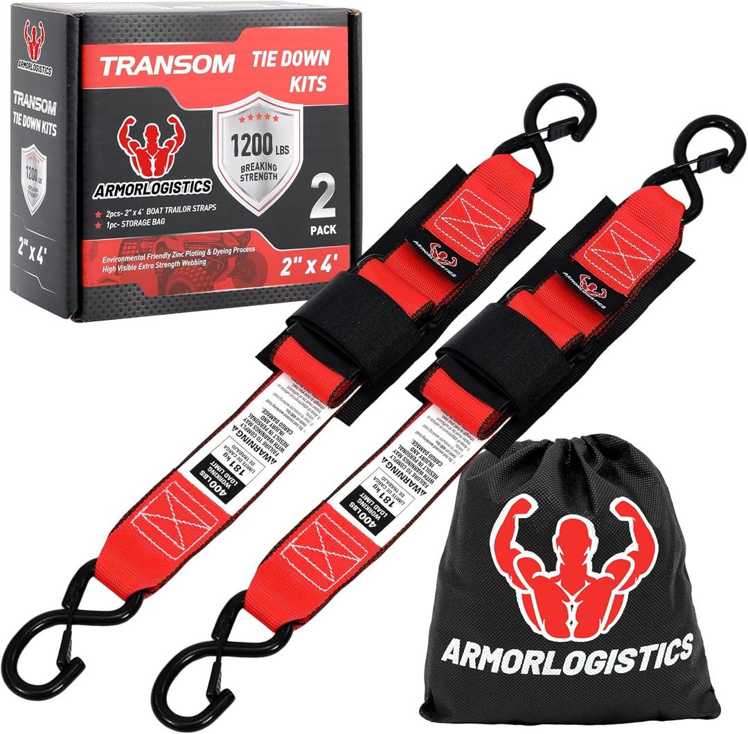Boat Tie Down Straps to Trailer, 2" x 48" Adjustable Boat Straps for Trailer, 2-Pack Boat Transom Strap for Boat, Jet Ski, 1,200 Lbs Break Strength, Red
