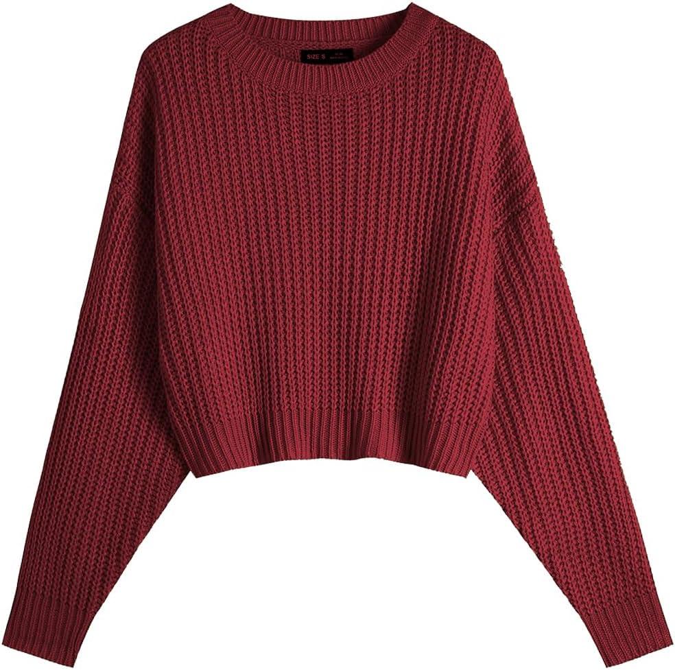 Cute Crew Neck Batwing Cropped Sweater for Women Fall Winter Casual Soft Knitted Semi Short Pullover Tops Burgundy (Red, M)