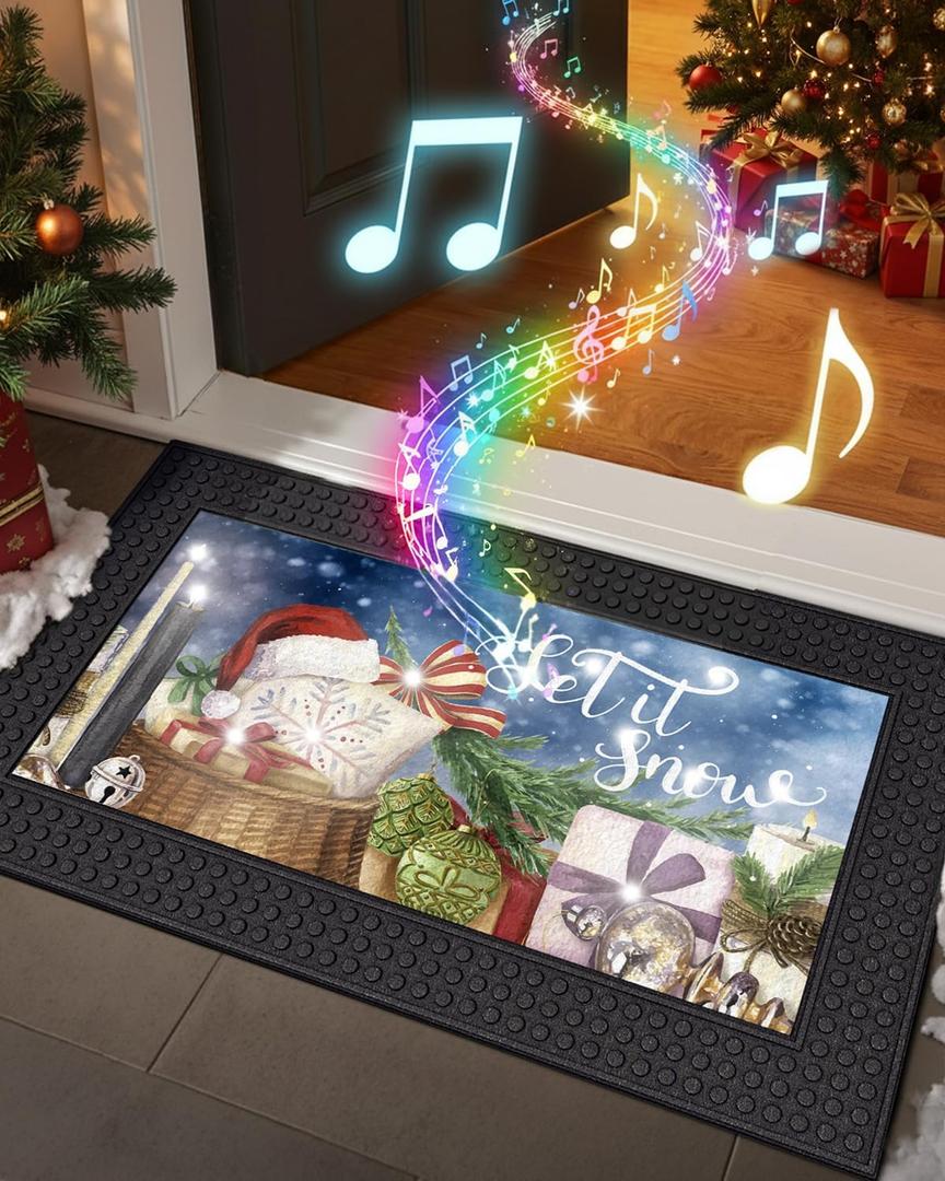 DEXI Merry Christmas Front Door Mat with Light & Music, 18x30 Heavy Duty Rubber Entrance Mat, Non Slip Outdoor Xmas Welcome Doormat for Entryway, Blue (1'6" x 2'6" (Rectangular)