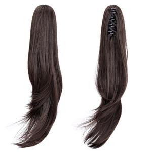 Black Hair Extension Ponytail 22" Long Claw Hair Extension Synthetic Wavy Straight Ponytail Clip in Wig Daily Fluffy Pony Tail for Women, 4.8 OZ, Darkest Brown