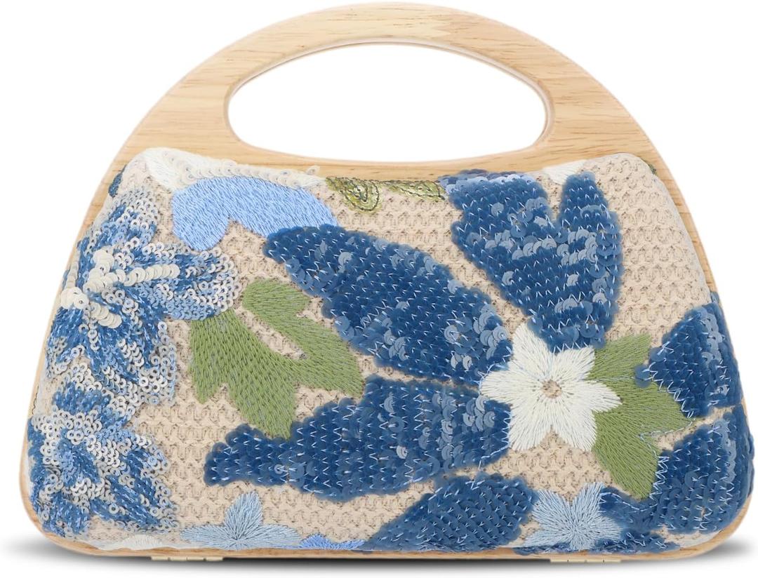 Oweisong Floral Beaded Clutch Purses for Women Summer Embroidery Sequin Handbag Top Handle Evening Bag for Formal