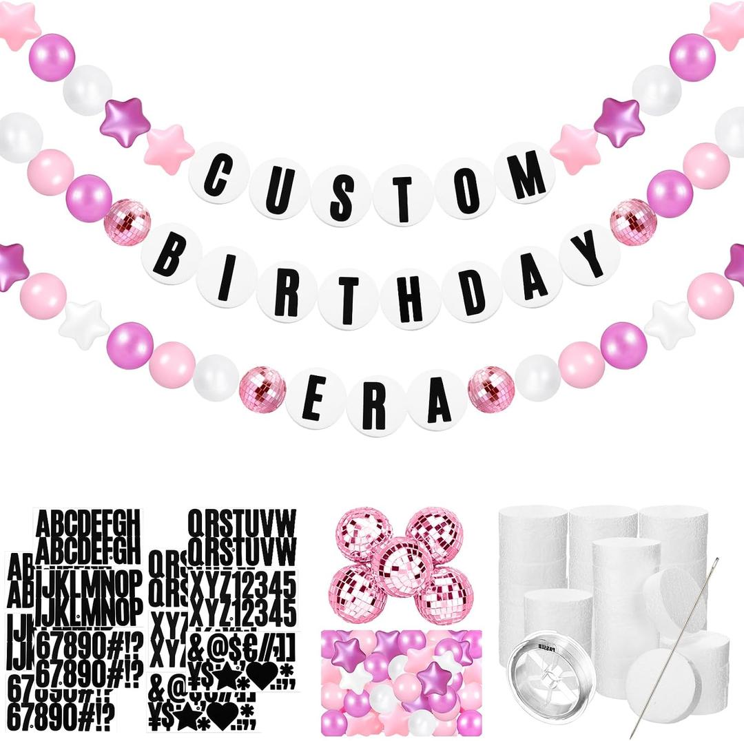 Simgoing Giant Friendship Bracelet Garland Kit DIY Banner with Letter Ball Jumbo in My Birthday Era Decorations for Classroom Graduation Party Supplies Photo Booth Backdrop(White, Pink)