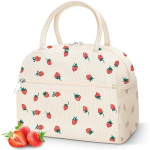 DALINDA Insulated Strawberry Lunch Bag for Women,Cute Corduroy Lunch Tote Bags Lunch Box Water-Resistant Large Capacity Reusable Insulated Cooler for Work Picnic or Travel