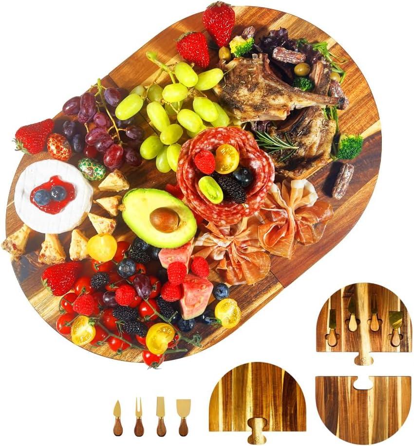 Charcuterie Board Set - 2 Pieces with Knife Set, Premium Acacia Wood Cheese Boards, Puzzle Shaped Serving Tray, Wedding & Bridal Shower Gift, Valentines Day Gifts