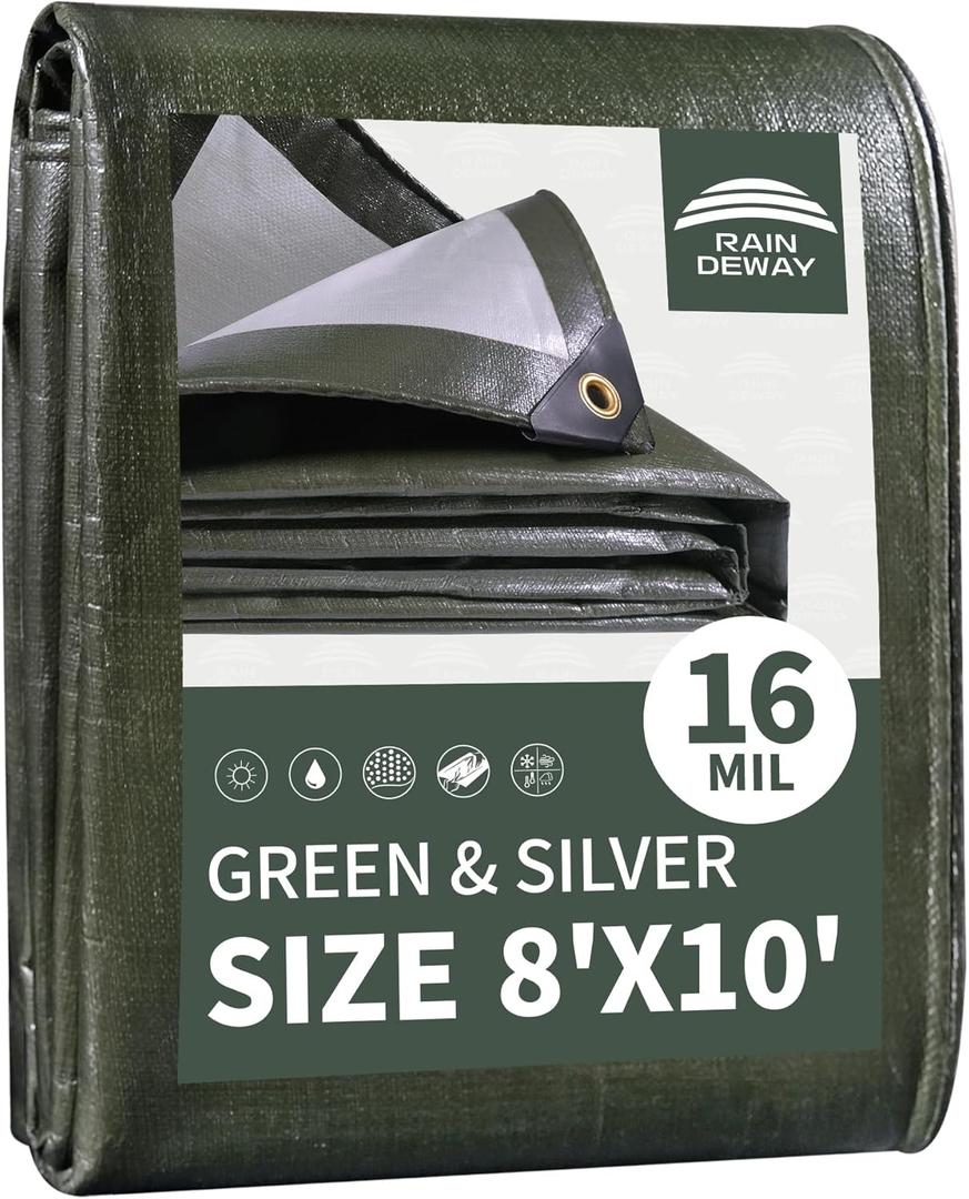 RAINDEWAY 8x10 Feet Tarps Heavy Duty Waterproof,16 Mil Heavy Duty Poly Tarp,UV Resistant,Tear Resistant Outdoor Multipurpose Tarp with Grommets and Reinforced Reinforced Edges,Green/Silver