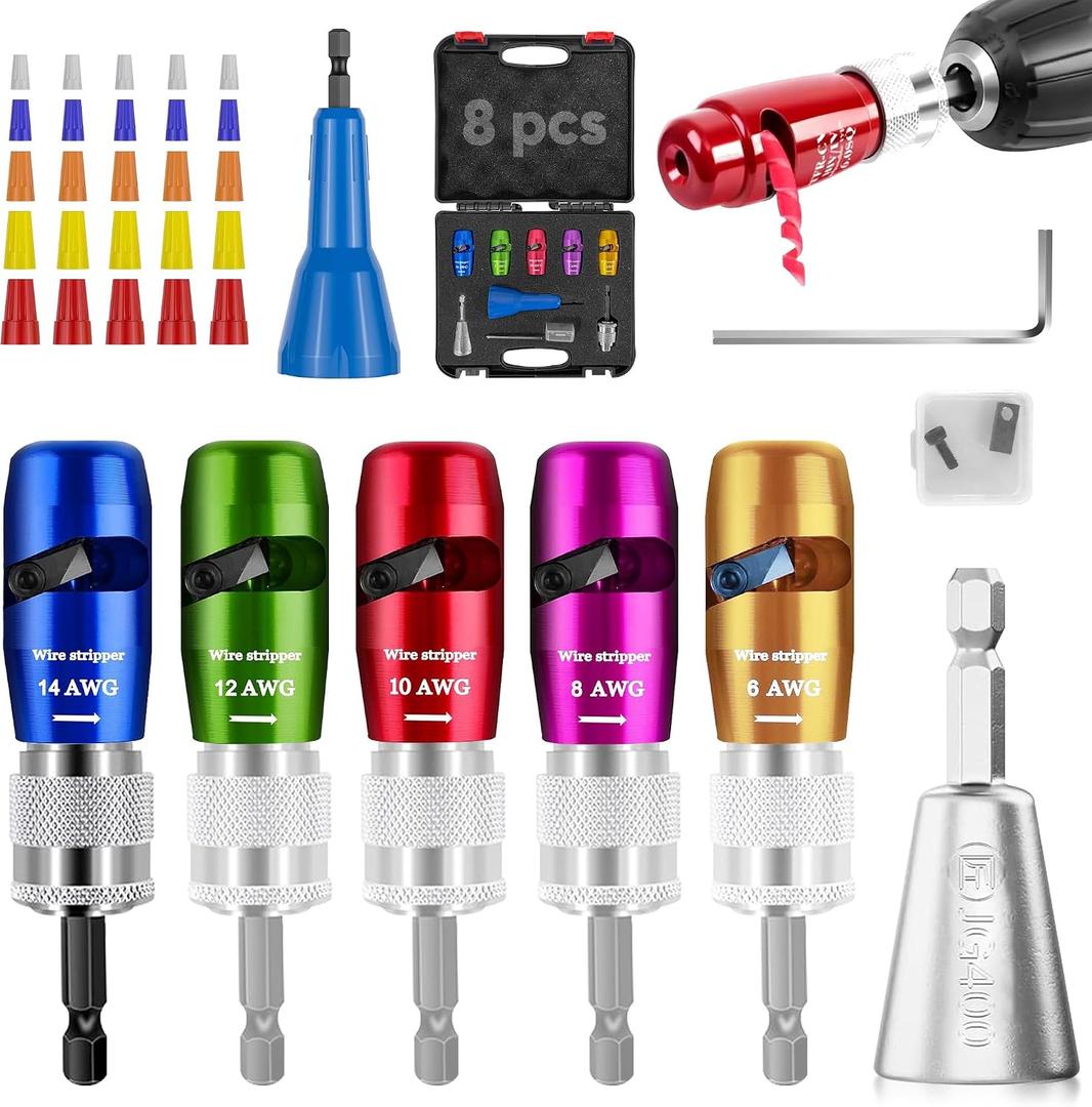 Mriykio Wire Stripper Tool, US Regulations Wire Stripper for Drill & Wire Twisting Connector Set, Electrician Tools Set, 8 in 1 Quickly Wire Strippers Professional Wire Twister Tool for Drill (8pcs)