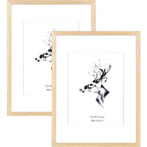 Yaetm 12x16 Picture Frame with Mat for 8.5x11 Set of 2, Natural Solid Oak Wood Frame 12x16 for Photos, Posters & Art Prints, for Horizontal and Vertical Wall Mount (2 pack, Oak)
