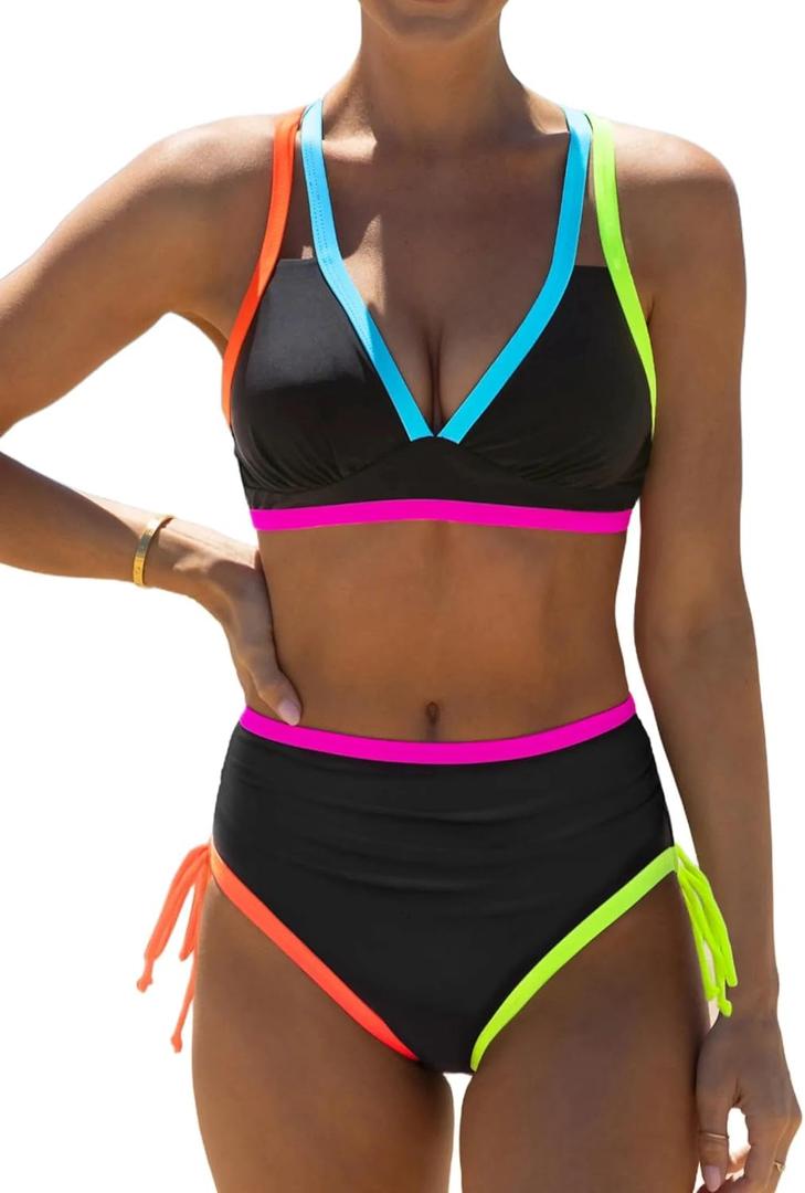 popvil Womens Swimsuits High Waisted Bikini Sets Tummy Control Neon Swimwear Bathing Suit (Small, Black)