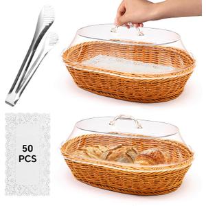 Rattan Bread Baskets, 2 Pack, Oval Woven Baskets with Acrylic Lids, 15.75 x 11.81 inches, Stainless Steel Tongs, Lace Doilies, for Bread, Fruit, Food Display