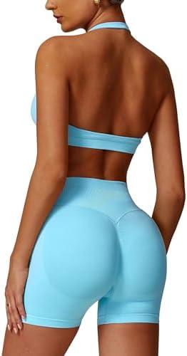 ABOCIW Workout Sets for Women 2 Piece seamless Halter Sports Bra Scrunch Butt Impact Shorts Gym Yoga Outfits size M