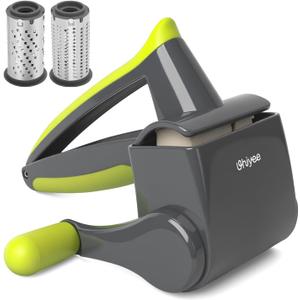 UHIYEE Patented Rotary Parmesan Cheese Grater, Hand Crank Cheese Shredder with Fine & Coarse Drums, Restaurant Quality, White, Stainless Steel & ABS, Dishwasher Safe, Gray Green