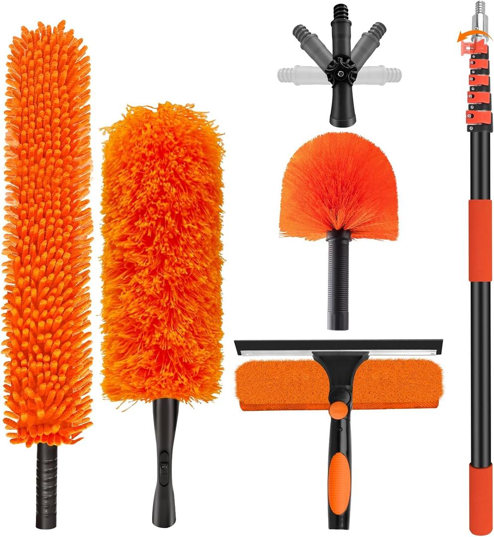 30FT High Reach Duster Cleaning Kit with 24FT Pole | 4-in-1 Tool Set with Universal Swivel Joint | High Ceiling Fan Cleaner, Microfiber Duster & Window Squeegee for Safe High-Reach Cleaning