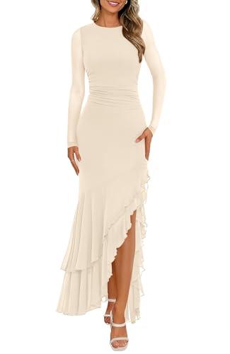 BTFBM Women's Maxi Dresses Fall 2026 Long Sleeve Ruched Bodycon Solid Ruffle Mermaid Cocktail Wedding Guest Dress(Beige,Large)