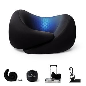 Dream Valley® Neck Travel Pillow, Memory Foam Travel Pillow for Airplane, Portable Roll-Up Neck Pillow with Cooling Inner Fabric, 360° Ergonomic Support, No Head Bobbing, Black