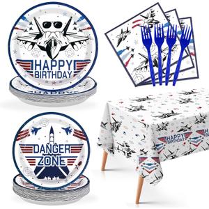 98Pcs Fighter Jet Pilot Birthday Decorations Military Jet Plates Napkins Forks Tablecloths Top Air Force Gun Tableware Set Airplane Birthday Party Decorations for Pilot Aviation Party Supplies Serve24