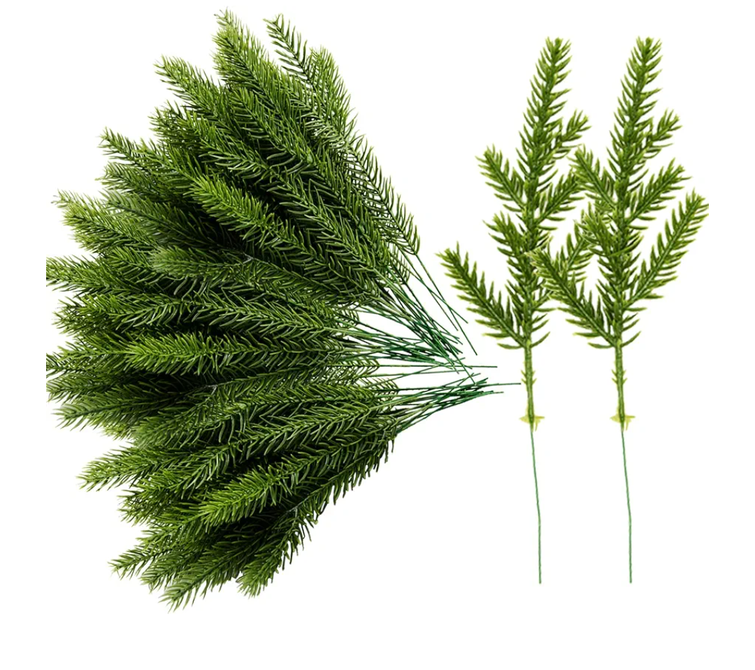 Alpurple 60 Packs Artificial Pine Needles Branches Garland- 6.7 x 2 Inch Green Plants Pine Needles, Fake Greenery Pines Picks for DIY Garland Wreath Christmas Embellishing & Home Garden