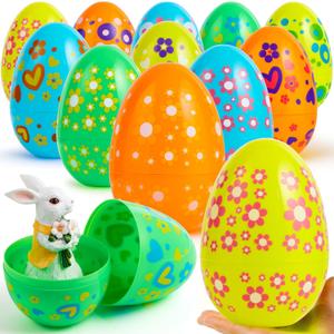 JOYIN 12 Pcs 7" Jumbo Plastic Easter Eggs, Bright Solid 6 Assorted Colors Printed Empty Eggs for Filling Treats Easter Party Favor Hunt Basket Stuffers Fillers Classroom Prize Supplies Toy