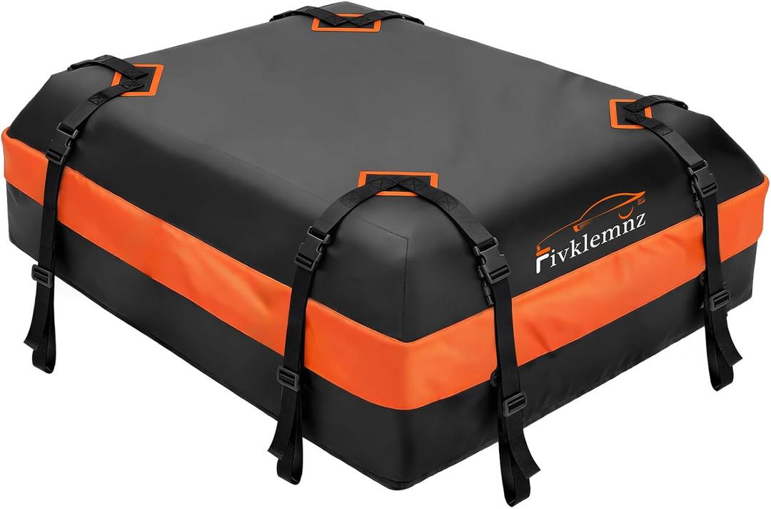 FIVKLEMNZ 15 Cubic Rooftop Cargo Carrier Waterproof Soft Roof Top Cargo Bag | for All Cars SUVs with/Without Rack, Heavy Duty 840D Roof Bag with Anti-Slip Mat, 8 Reinforced Straps, 6 Door Hooks & Lock