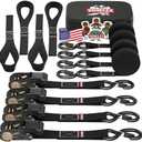Ratchet Tie-Down Straps Set - (1" x 15', 2200lbs Breaking Strength) - Vehiclex Soft Loops, Coated S-Hooks, Storage Bag for ATV, Motorcycle, Bicycle, Kayak, Cargo Securing, Black