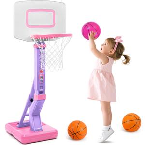 SUPER JOY Toddler Pink Basketball Hoop for Kids 1-3,2-4 5 Years Old, Adjustable Mini Hoop Set for Indoor Outdoor Play, Portable Basketball Goal Balls Sports Toys for Little Boys Girls Birthday Gifts
