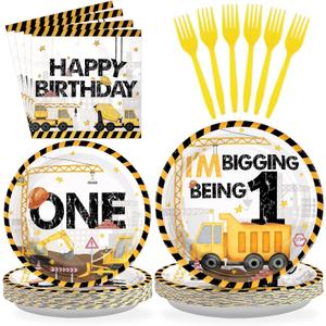 2 x Grencian Construction 1st Birthday Party Supplies - 96 Pcs Construction Truck Plates and Napkins Tableware Excavator Decorations Favors for Boys Tractor Dump One Years Old Birthday Serves 24