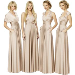 Infinity Bridesmaid Dress with Pockets – Convertible Maxi Wrap Gown, Multiway Formal Dress for Wedding & Plus Size (Beige)