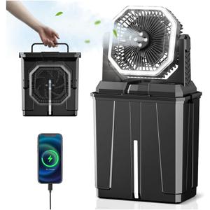Allsion Rechargeable Misting Fan, 24000mAh Camping Misting Fan with 8L Water Bucket, 3-Speed Outdoor Cooling Fan with LED Lights, 120Oscillation for Camping, Backyard, Patio,Outdoor-Black
