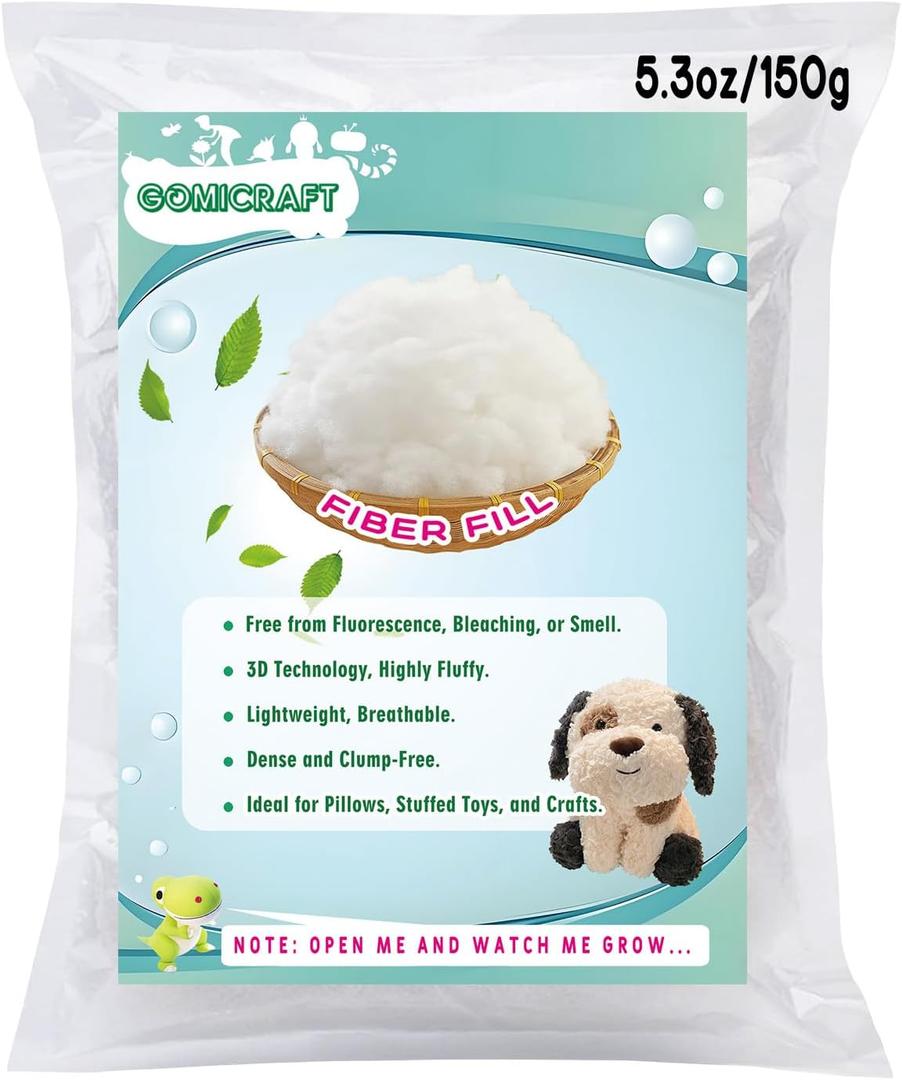 GOMICRAFT Fiberfill Stuffing for Crochet Animals, 5.3oz/150g for Crafts, Cushion and Clouds, Premium Quality Fiber Fill Stuffing Machine Washable Polyester.