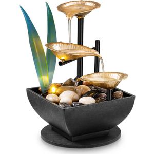 Tabletop Fountain Desktop Fountain 3-Tier Indoor Golden Lotus Leaf Relaxation Fountains Tabletop Waterfall, Office Home Decor Including Lots of Natural River Rocks and Warm Yellow Scene Light