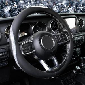 KAFEEK White Crystal Steering Wheel Cover, Sparkly Clear Diamond Breathable Leather Car Protector, Universal 15 Inch Fit for Women Girls, Anti-Slip Comfortable, Silver White