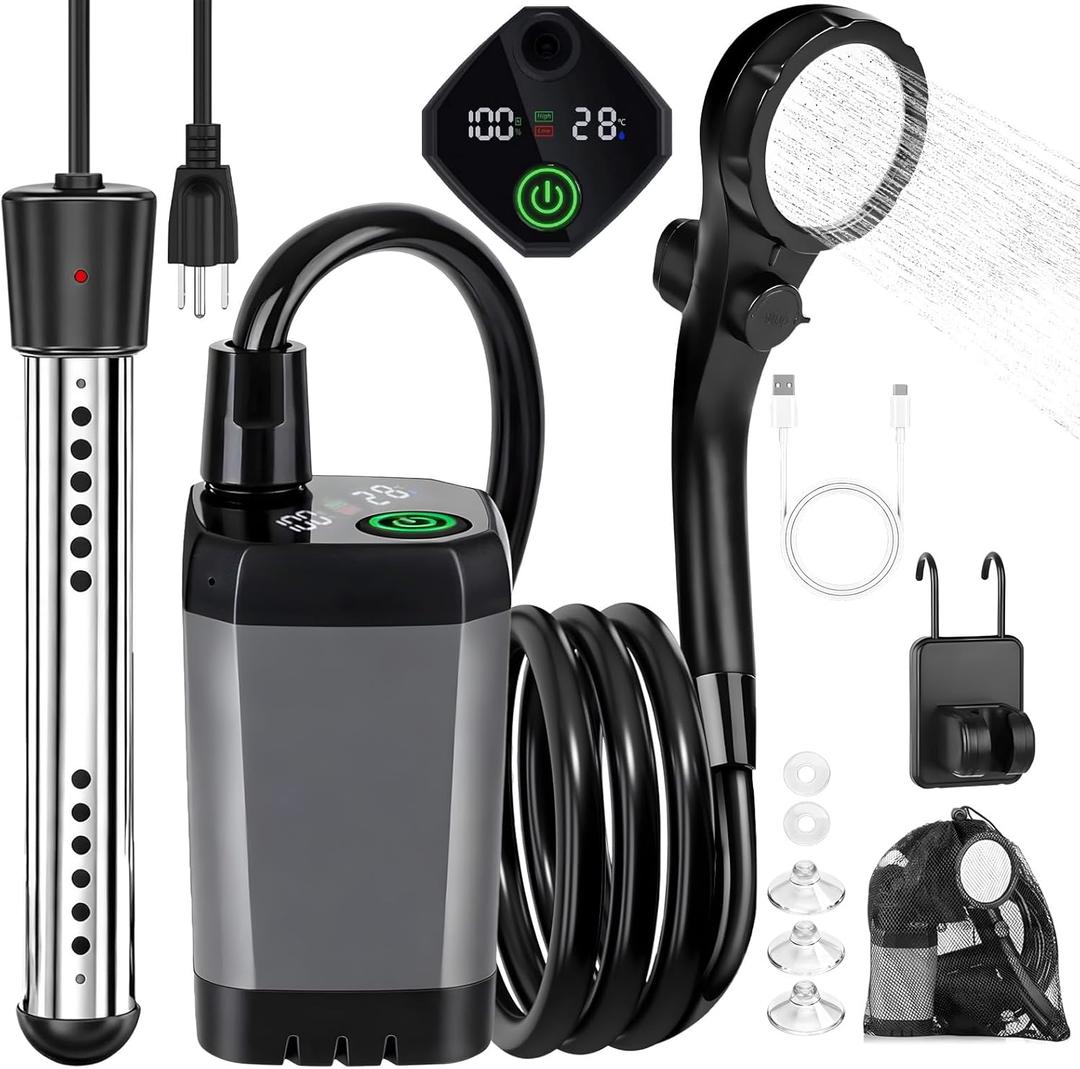 Portable Camping Shower with Heater, 6000mAh Rechargeable Portable Shower with 2000W Immersion Heater, LED Display, Heated Camping Shower for Travel, Hiking, Car, Pet