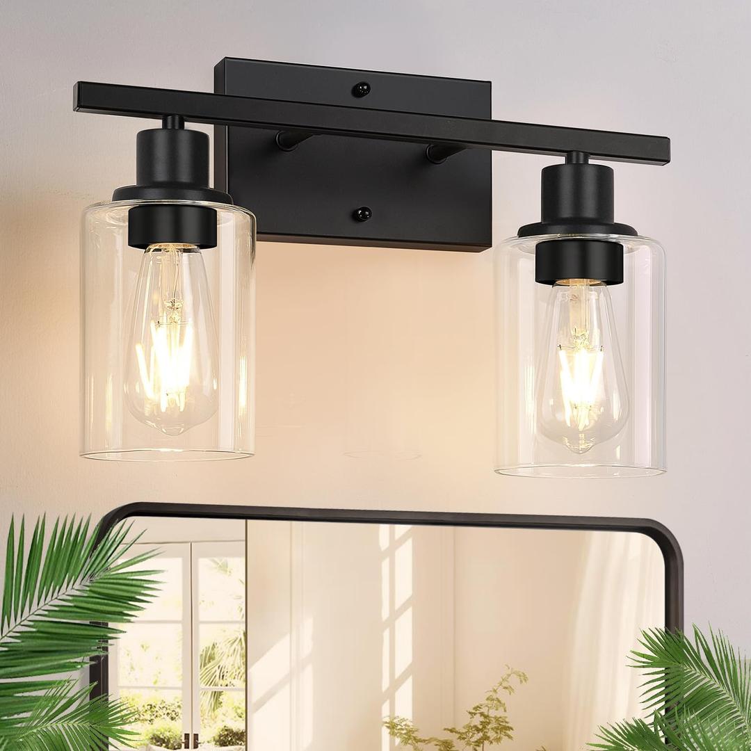 Matte Black 2-Light Bathroom Vanity Light with Clear Glass Shades  Modern Bathroom Light Fixtures & Vanity Lights for Mirror