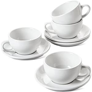 LE TAUCI 8 oz Cappuccino Cups with Saucers,Ceramic Large Coffee Cup for Au Lait, Double shot, Latte, Cafe Mocha, Tea - Set of 4, White