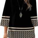 SweatyRocks Women's Geometric Print Round Neck Blouse Casual 3/4 Sleeve Loose Office Tops (S)