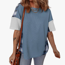 EVALESS Waffle Knit Tops for Women Trendy Crewneck Short Sleeve Shirts 2025 Summer Color Block T Shirts Loose Tee Tunic Tops 2XL