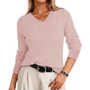 Cable Knit Sweater Women V Neck Tops for Women Long Sleeve Pullover Clothes Casual Trendy Outfits (X-Large, Pink)