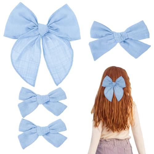 4 Pcs Blue Hair Bow, Cotton Linen Hair Bows, Girls Bows for Hair, Toddler Hair Accessories, Alligator Clips Knot Hair Bows for Girls, Light Blue Bow, 3 Styles & 3 Sizes