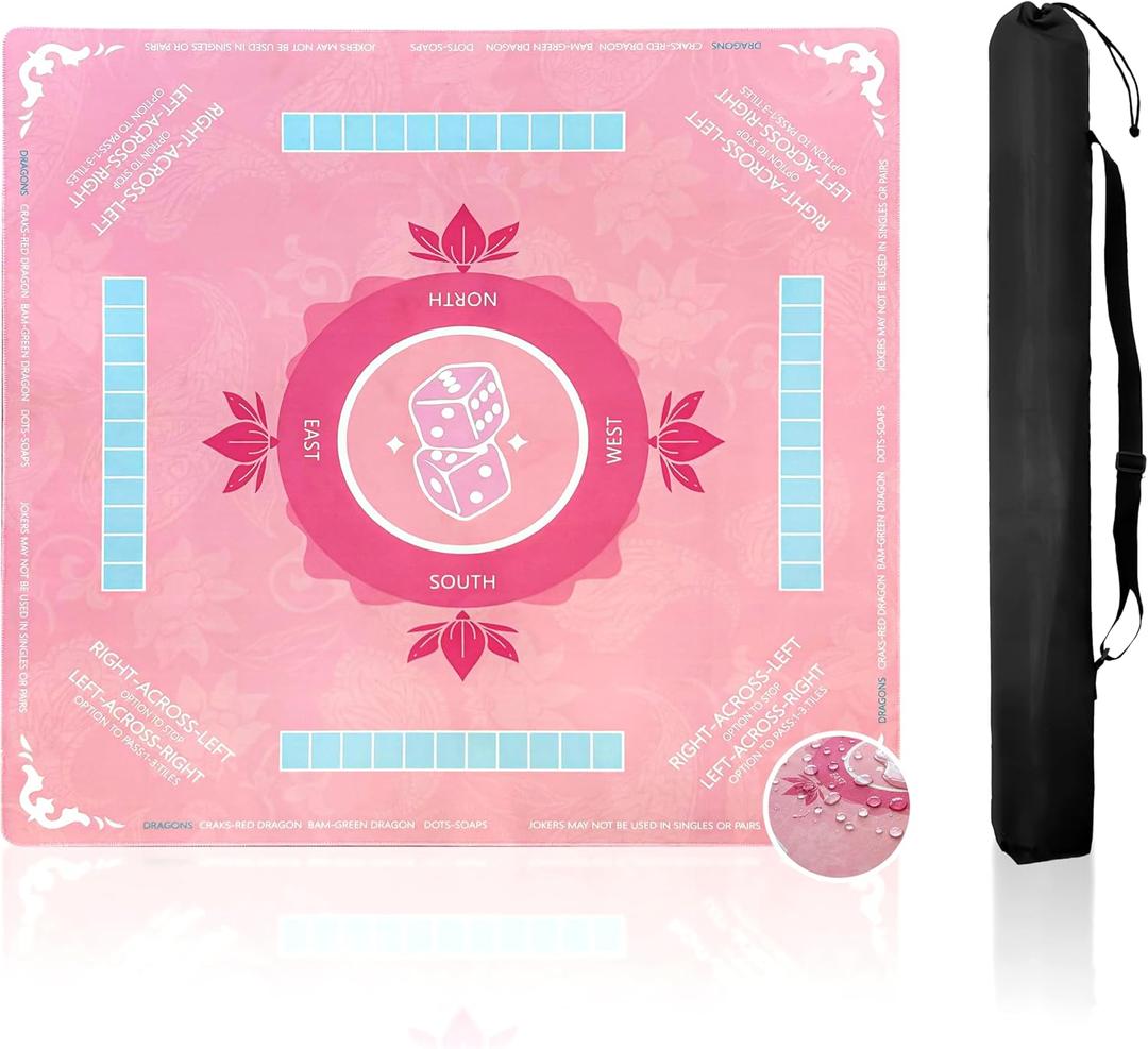 Mahjong Mat for Table Waterproof Anti-Wrinkle Game Mat with Beginner Rules Dice Storage Bag Complete Set for Quality Focused Players Fade Resistant Quiet Mat for Mahjong Poker Board Games, Pink