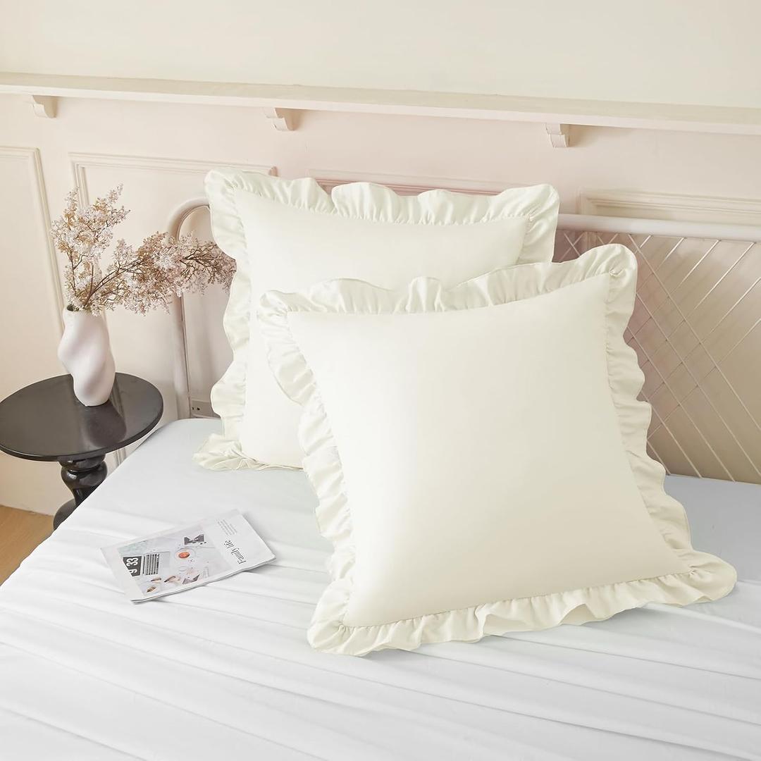 KKJIAF Ruffle Pillow Cases 20x20 Inches, Beige Square Ruffled Pillow Covers Set of 2, Microfiber Wrinkle Resistant Pillow Shams with Envelope Closure for Sofa Bed Living Room