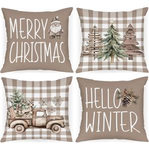 Lanpn 16x16 Christmas Throw Pillow Covers Set of 4, Brown Merry Christmas Pillow Covers, Xmas Tree Pillowcase Holiday Pillow Case Decorative Cushion Cover for Room Couch Sofa Home Decor
