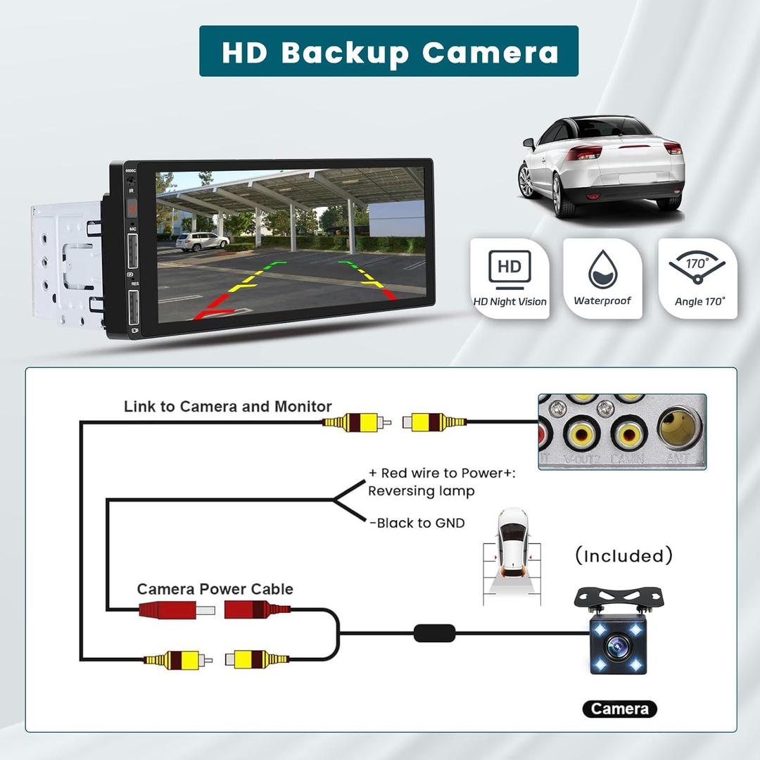 Hikity 6.9 Inch Car Stereo with Wireless Carplay Android Auto Single Din Touchscreen Car Radio with Bluetooth 5.0 Mirror Link FM EQ SWC, Car Audio Receiver with MIC Backup Camera